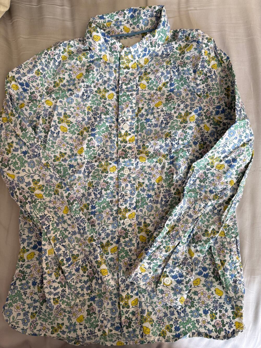 Mini Boden blue floral shirt with yellow chicks size 10-11